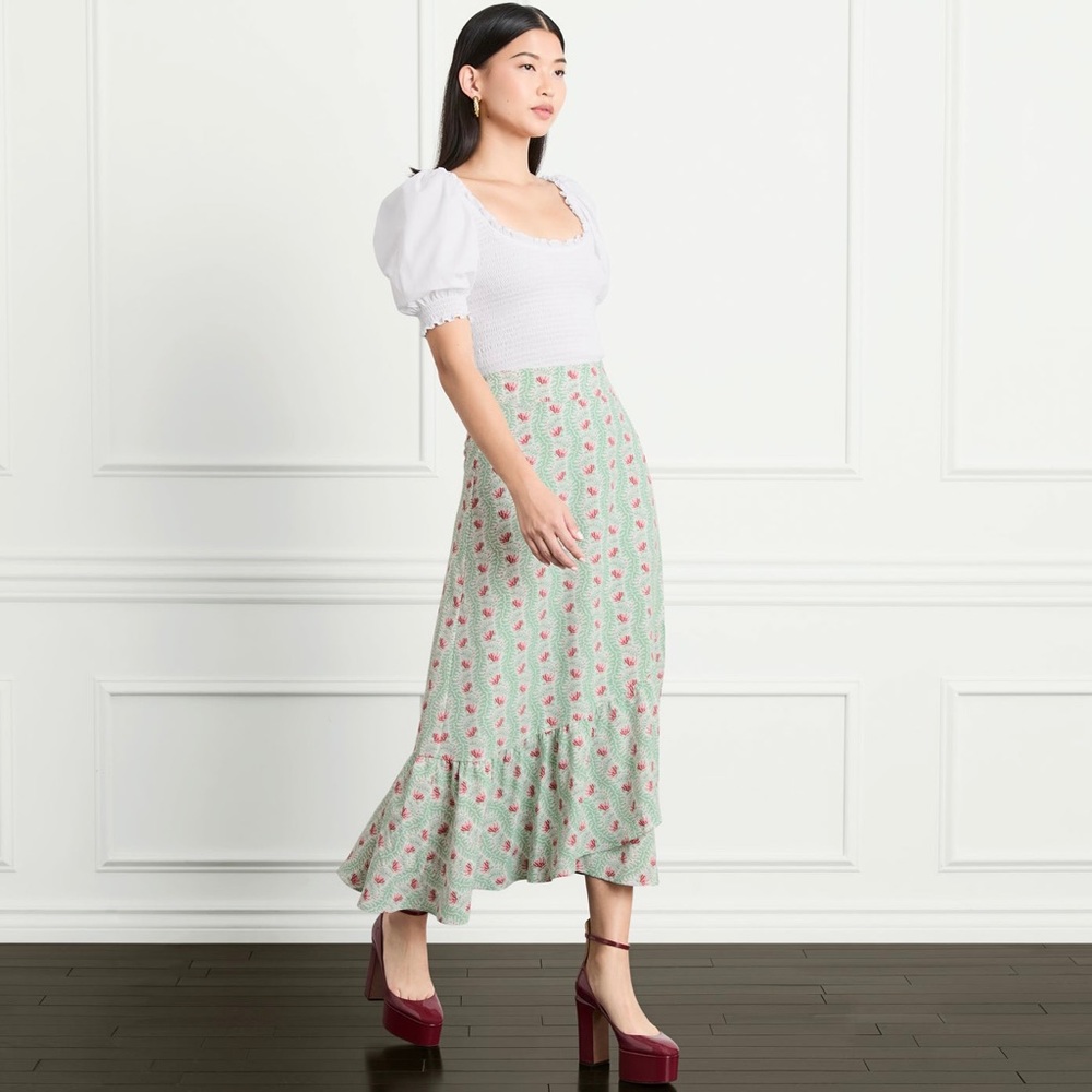 HILL HOUSE MIRABEL WRAP SKIRT IN GREEN LINEAR FLORAL POLY CREPE SIZE LARGE NWT